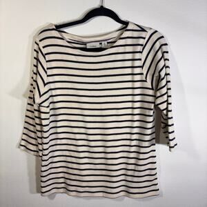 LL Bean Striped Boatneck Top Sweater Navy Cream Cotton 3/4 Sleeve Womens Large